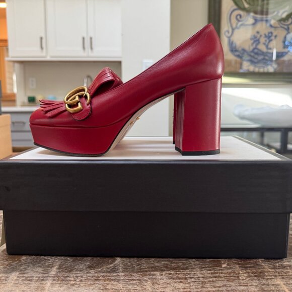 GUCCI Leather Hibiscus Red Marmont Platform w/Double Fringe, GG Logo - Picture 6 of 8
